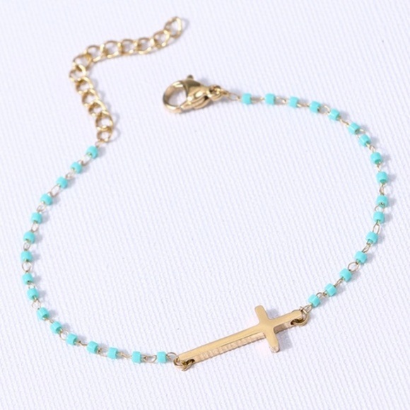 NWT Sideways Cross Beaded Bracelet Gold +Teal Blue - Picture 7 of 8